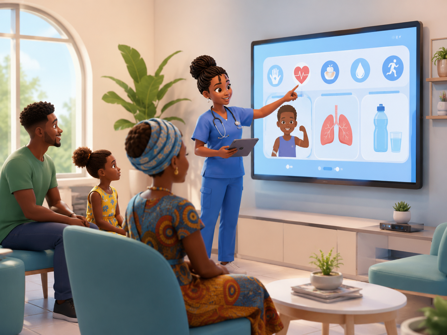 African clinic-screen health education presentation in a waiting room