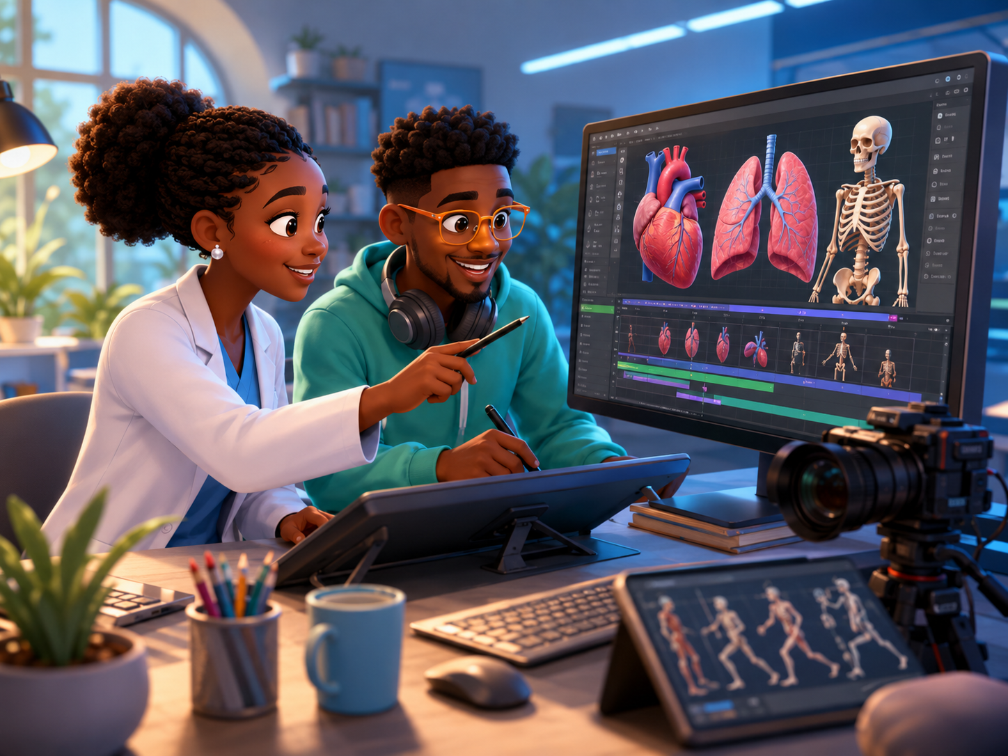 African clinician and animator reviewing medical anatomy animation