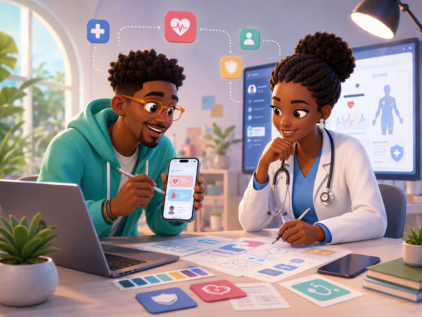 African clinician and UX designer collaborating on a healthcare app