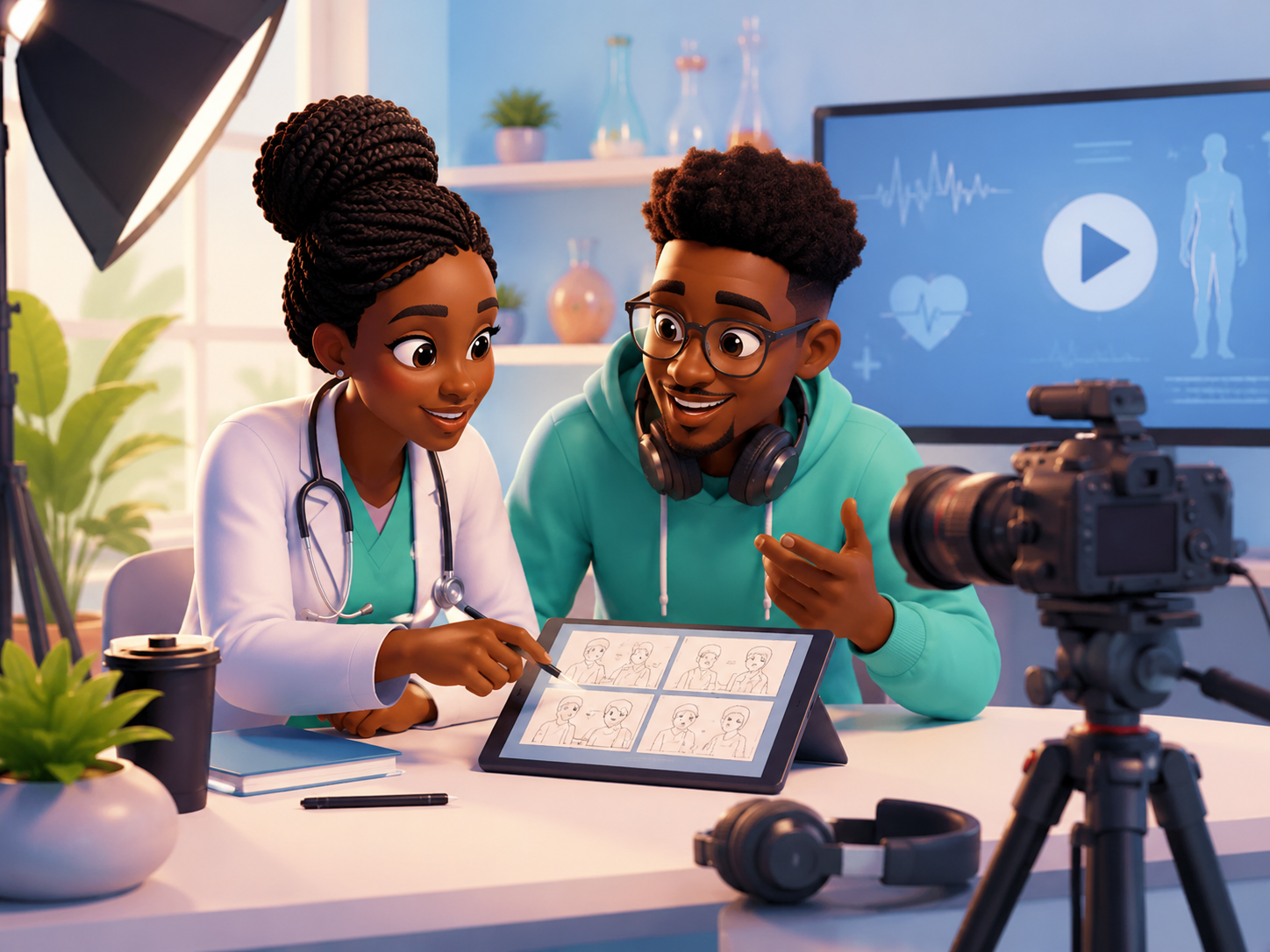 African clinician and videographer planning a medical video in studio