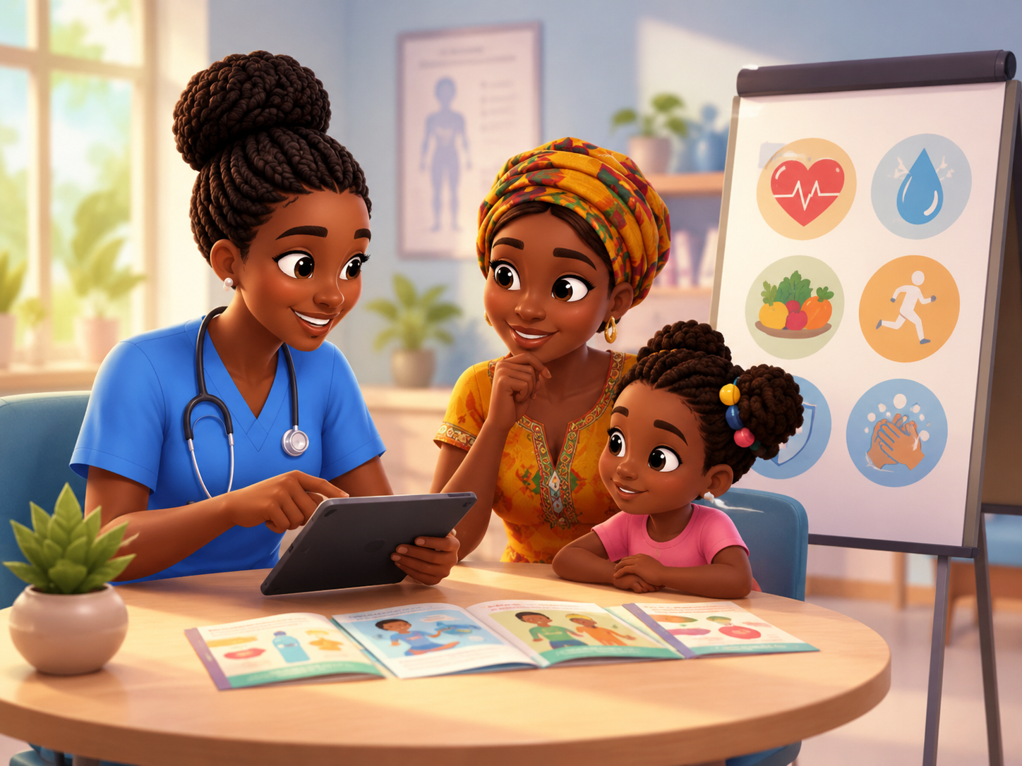 African nurse explaining patient education materials to a family