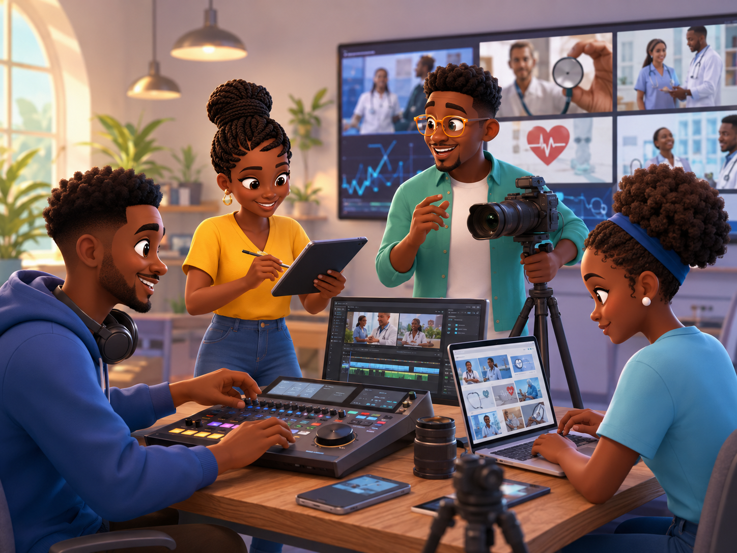 African healthcare media production team using cameras and editing tools